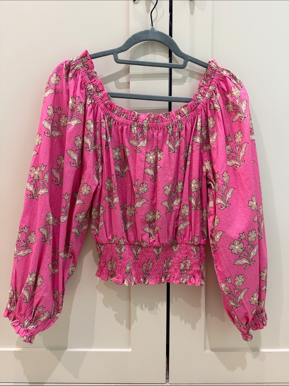 Smocked Waist Pink Floral Off-Shoulder Blouse